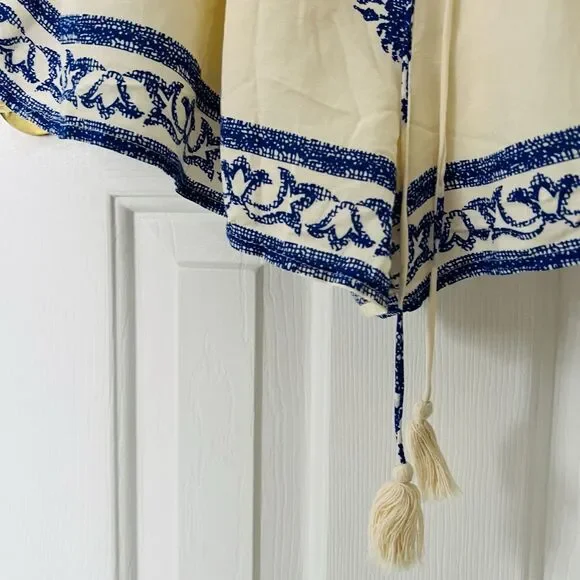 Kori America Blue & Ivory Feather Boho Ruffly Off Shoulder Romper Size Large - Picture 7 of 9